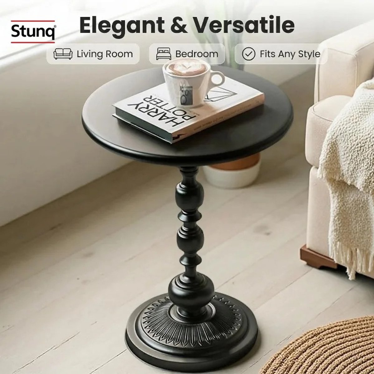 Stunq® Ronde bijzettafel van smeedijzer, mat zwart – compact hoektafeltje