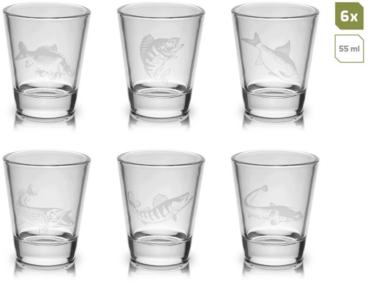 Set van 6 Shotglaasjes, 55ml per stuk, met Visgravure