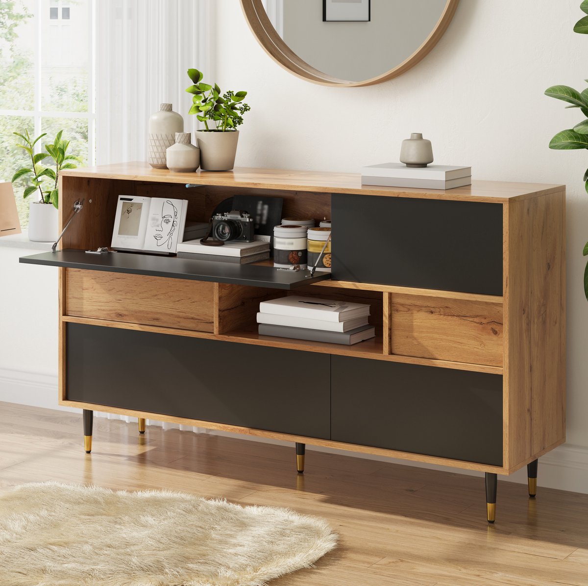 MODENUIT Dressoir - 2 Lades En Open Vak - Voor Woonkamer, Eetkamer En Hal - Hout, Zwart - 140x40x84,5 Cm