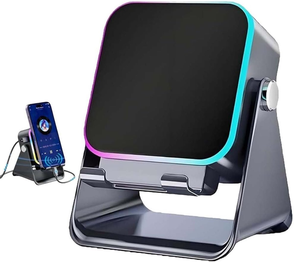 Bluetooth Speaker Draadloos 5-in-1, Oplaadbare Speaker met Telefoonhouder, 3500 mAh, Stereogeluid, 360° Verstelbare Telefoonstandaard en RGB-Sfeerverlichting met 8 Lichtstanden, Zwart
