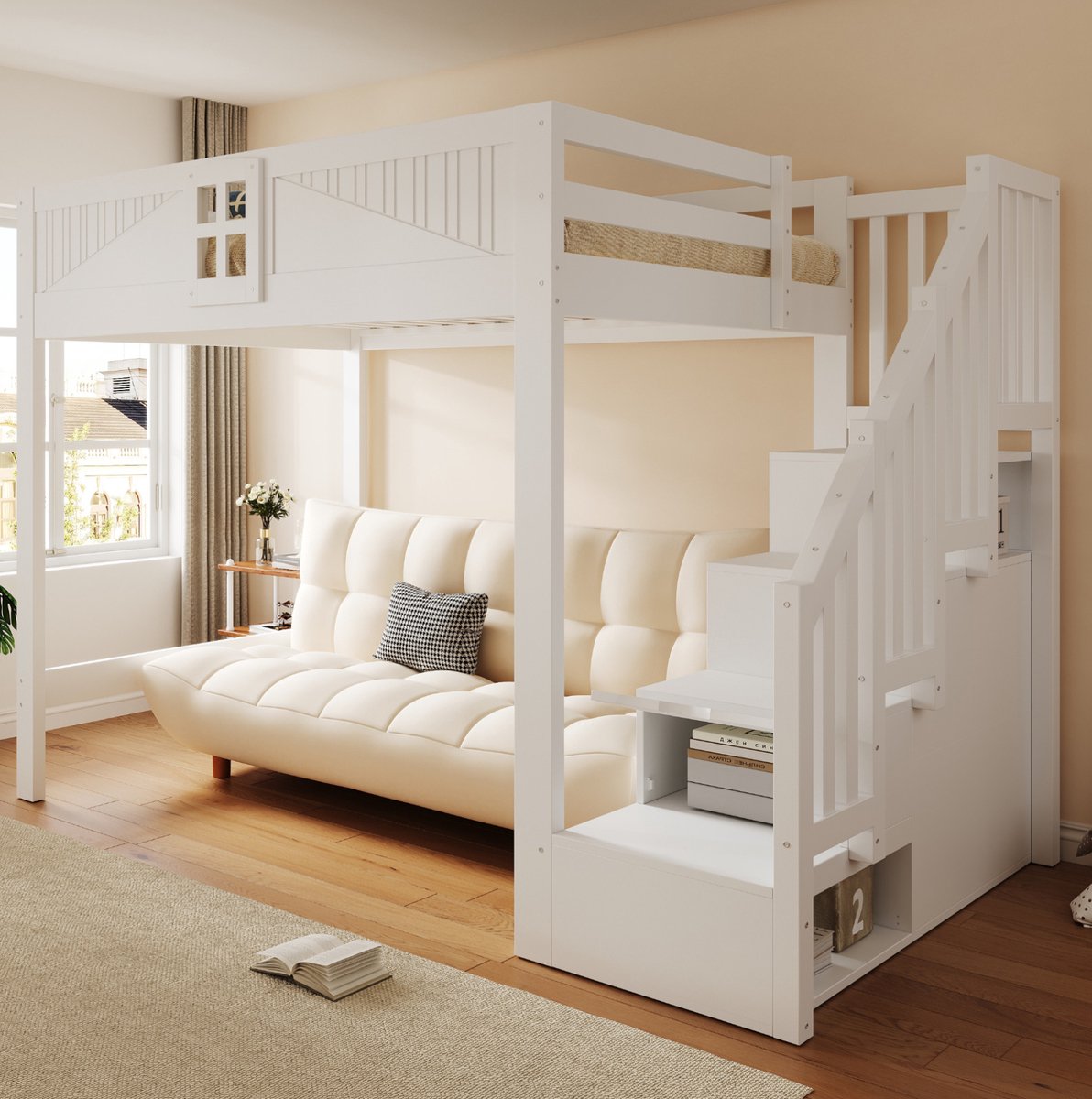 DESMIU Hoogslaper 140 x 200 cm – Veilige Uitvalbeveiliging Met Raamdesign – Trap Met Opbergruimte En Wisselbare Plaatsing – Voor Kinderkamer – Hout – Wit Zonder Matras