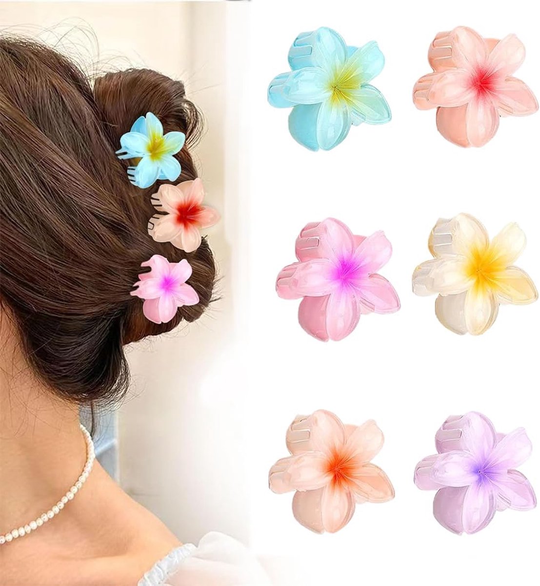 Dailygoods- Bloemenhaarspelden 6 stuks - Antislip Haarspelden - Sterke Grip - Tropische Plumeria - Haaraccessoires Dames - Duurzaam Kunststof - Haarspeld