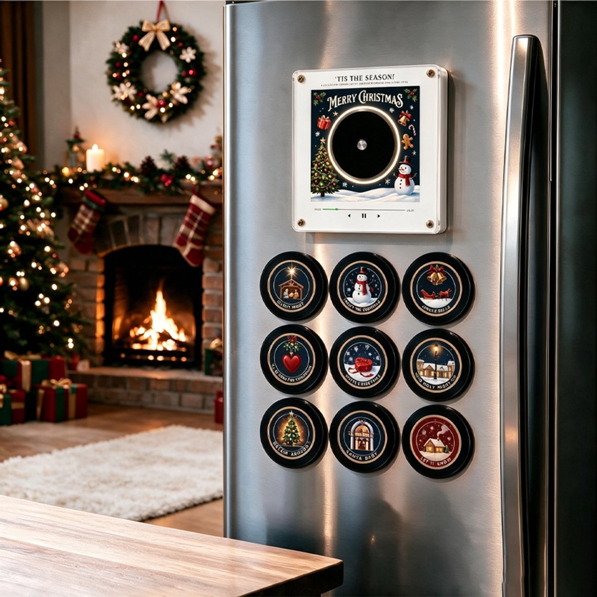 Magnetische Kerst Muziekdoos Voor Koelkast - 1 Stuk - Met 9 Nfc Mini Vinylplaten - USB-C Oplaadbaar - Mini-Platenspeler - Feestelijke Muziekdecoratie - Kerstdecoraties - Sfeervolle Kerstdecoratie - Geschikt Voor Huis, Keuken En Slaapkamer - Stijl B