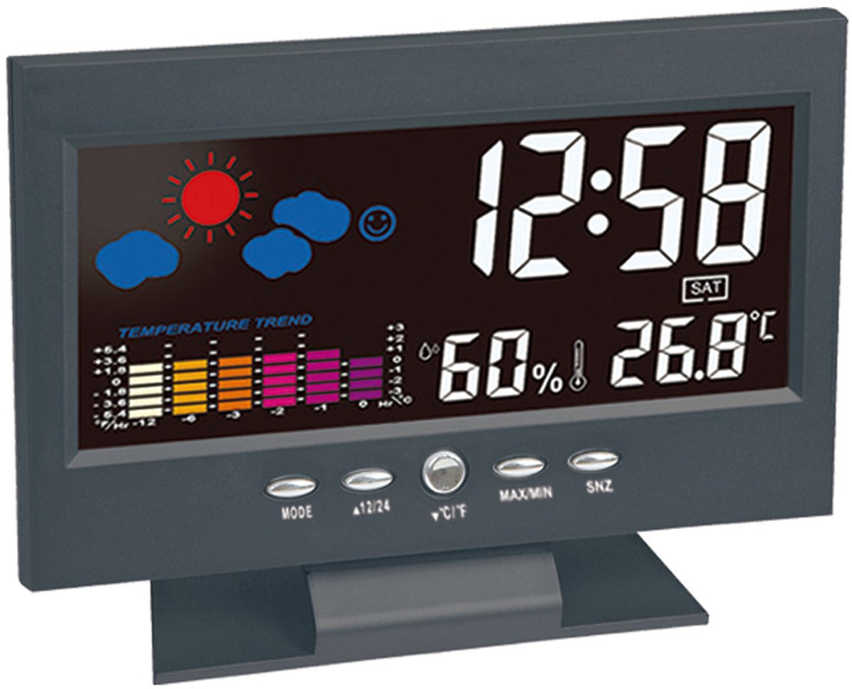 Digitale wekker, weerstation, thermometer, hygrometer, kalenderklok met dag en datum