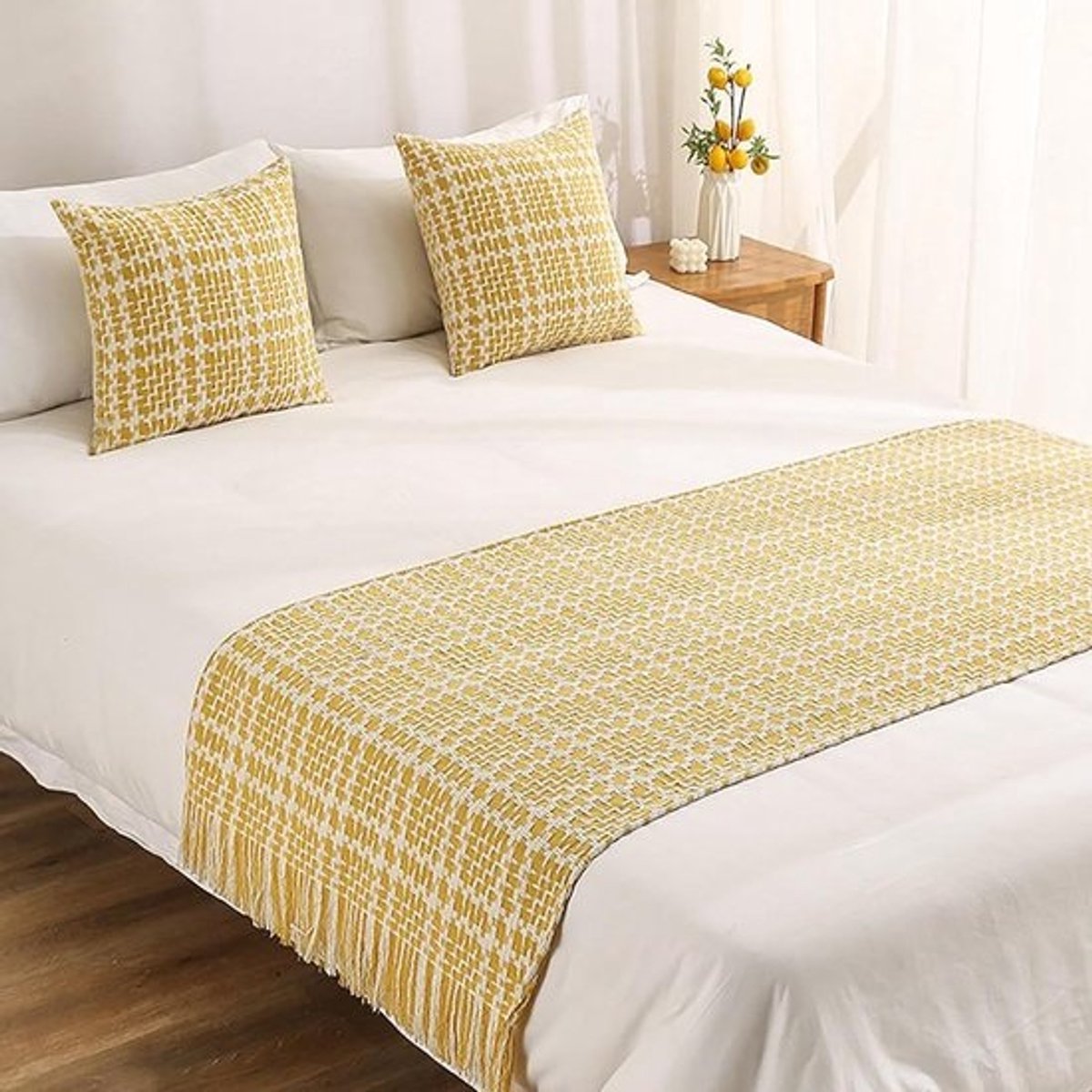 Gebreide Bedspreien - Bedeinde Sjaals Plaid - Woondecoratie - Handgebreid met franje - 140x210cm - Geel