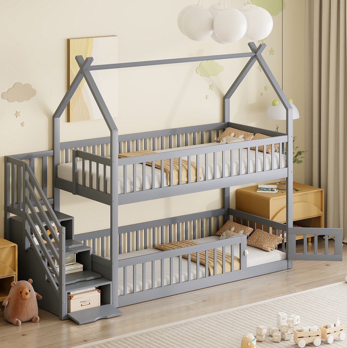 REDOM - Kinder-etagenbed - Huisvormig dak - Trap met opberglades - Inclusief uitvalbeveiliging - Kinderkamer - Hout - Grijs - 90 x 200 cm