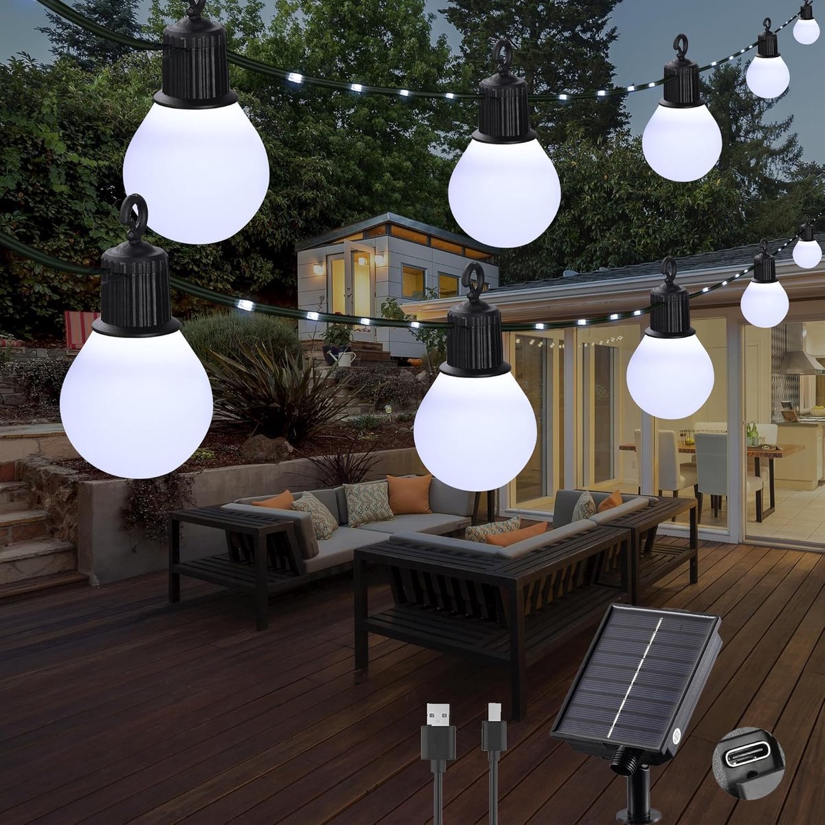 Lichtsnoer 10m - 100 LED G40 - Op Zonne-energie - 8 Standen - Voor Buiten