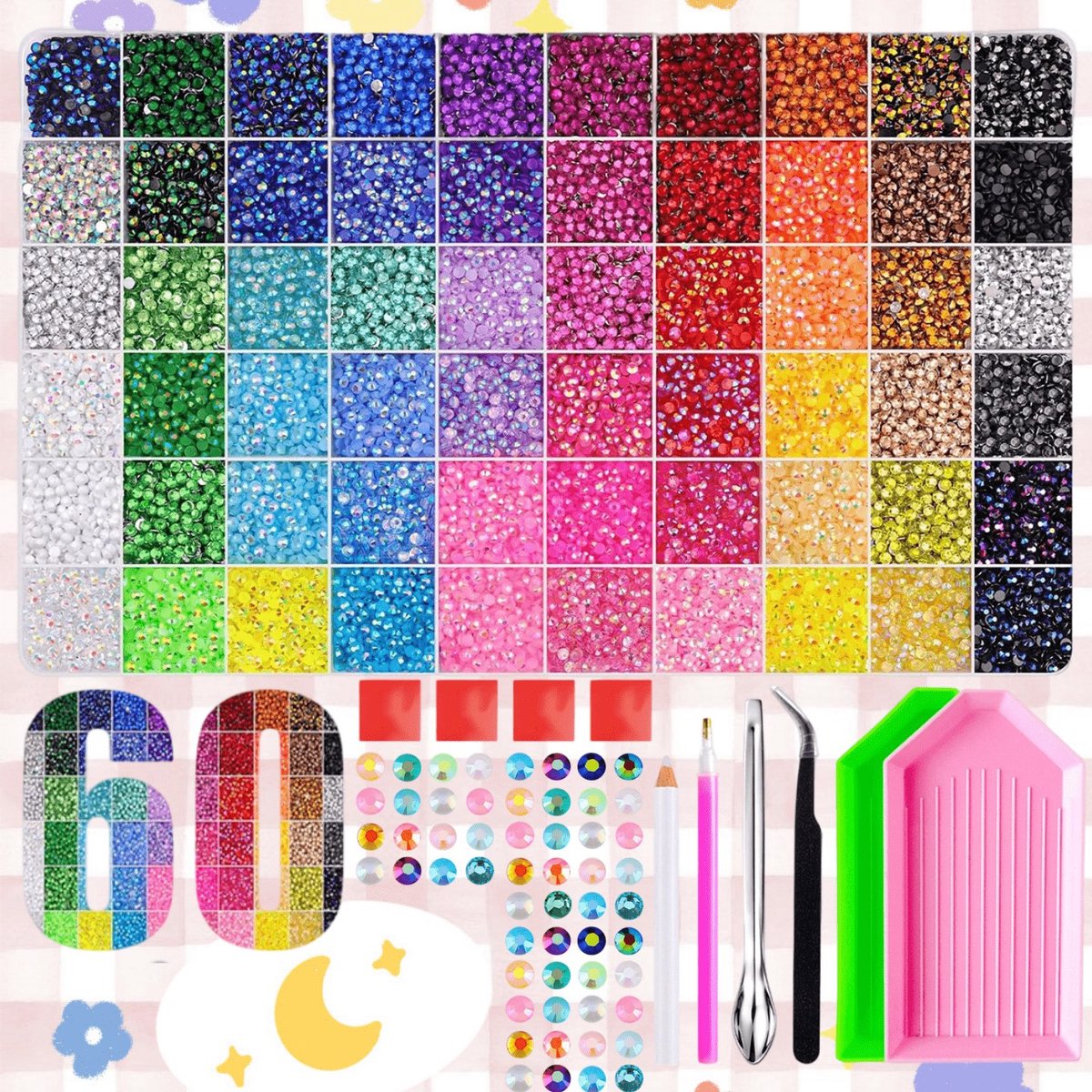 Currero Bedazzle Kit - Bedazzling - Plakstenen - Strass Steentjes - DIY Versieren - 60 Vakken Met 60 Kleuren - Nagel Decoratie - Met Pincet En Applicator - 3mm