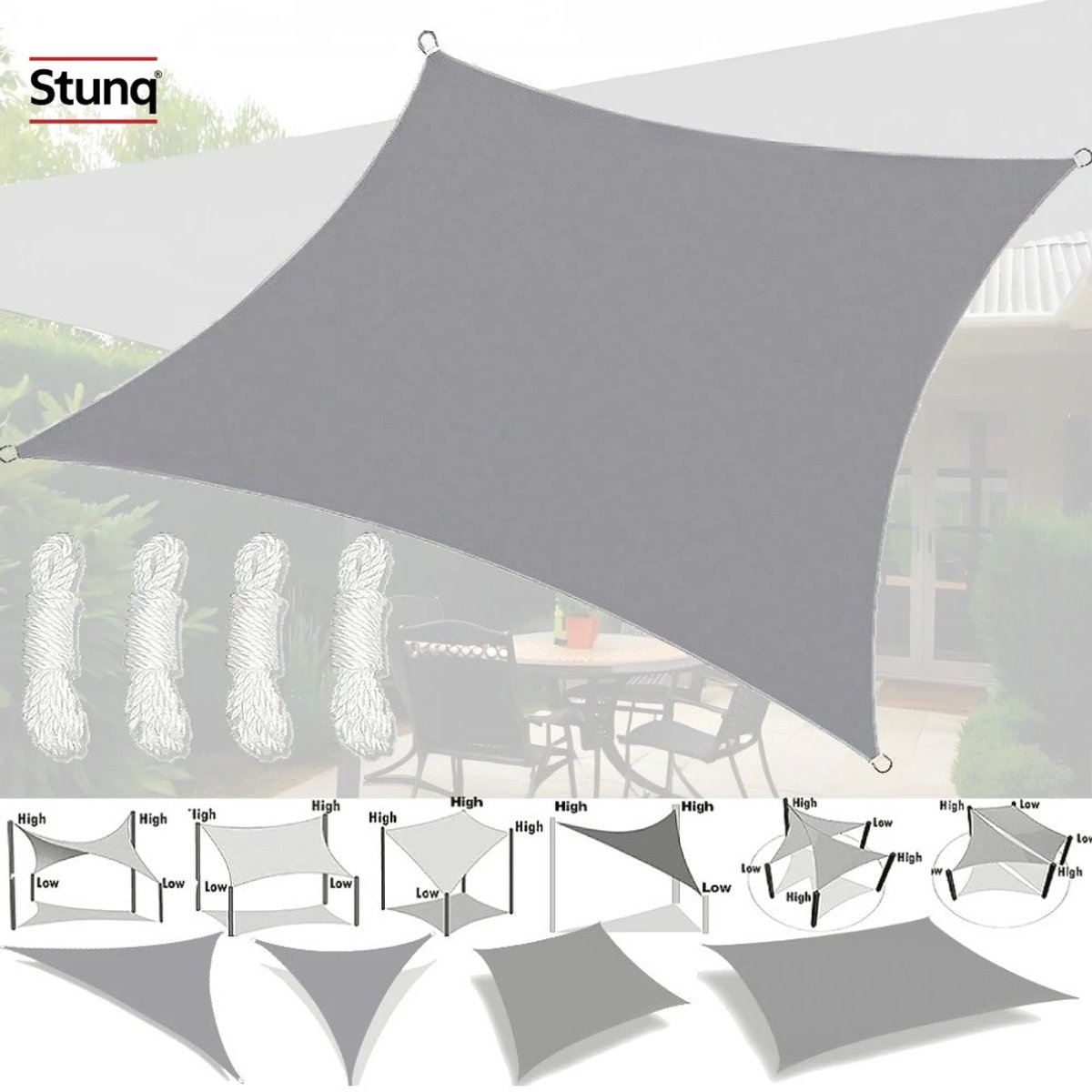 Stunq® Zonneschaduwdoek Vierkant Waterdicht Grijs met D-ringen
