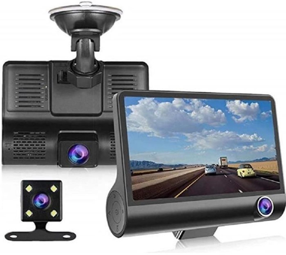 Dashcam met 170° groothoeklens, Full HD 1080P GPS-dashcam, drievoudige lens, 4-inch scherm - inclusief GPS-module