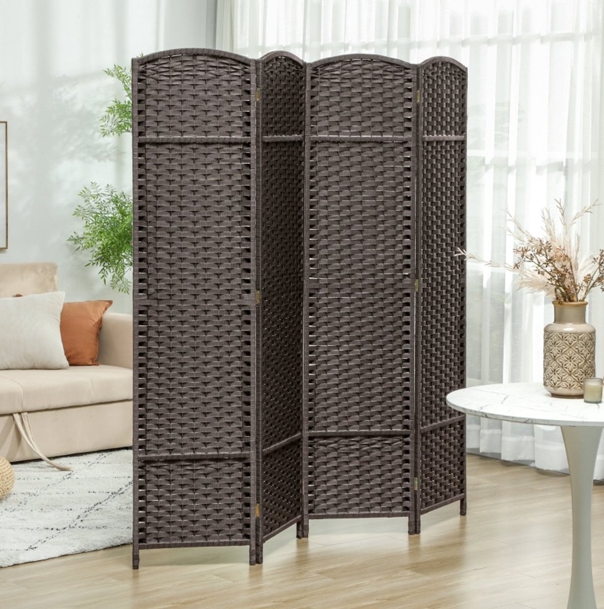 REDOM - Kamerscherm - 4-delig vouwbaar privacy scherm - Handgeweven patroon met gebogen bovenkant - Vrijstaand en opvouwbaar - Hout en kunststof - Bruin - 160 x 1,6 x 170 cm