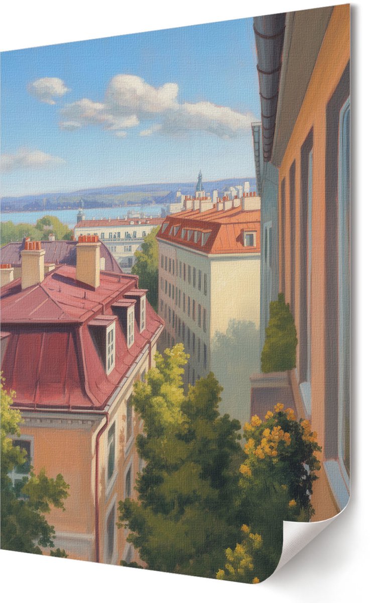 Coloray Polycanvas Poster - Stadszicht, Schilderen - 420 x 594 - Blauw Illustratie - Rechthoek - Kunstposter - Woonkamer, Slaapkamer, Kantoor - Klassiek