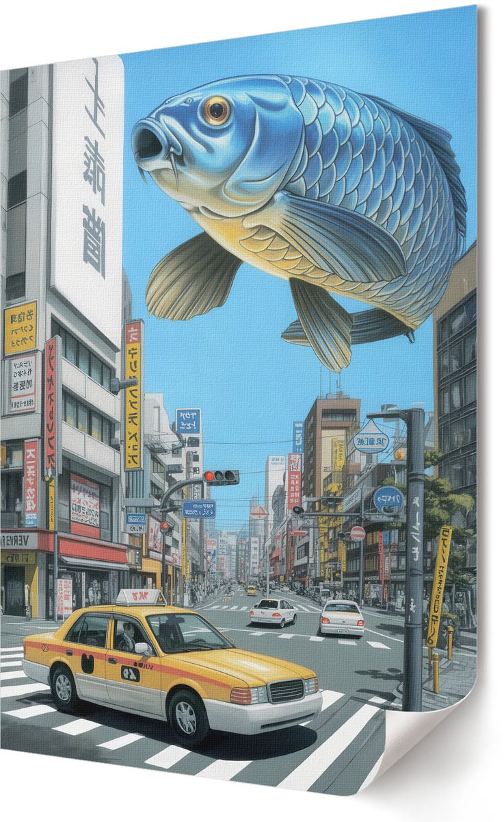 Coloray Polycanvas Wandposter - Vis En De Stad, Illustratie - 420 x 594 - Blauw Kunst - Rechthoek - Muurkunst - Woonkamer, Slaapkamer, Kantoor - Popcultuur