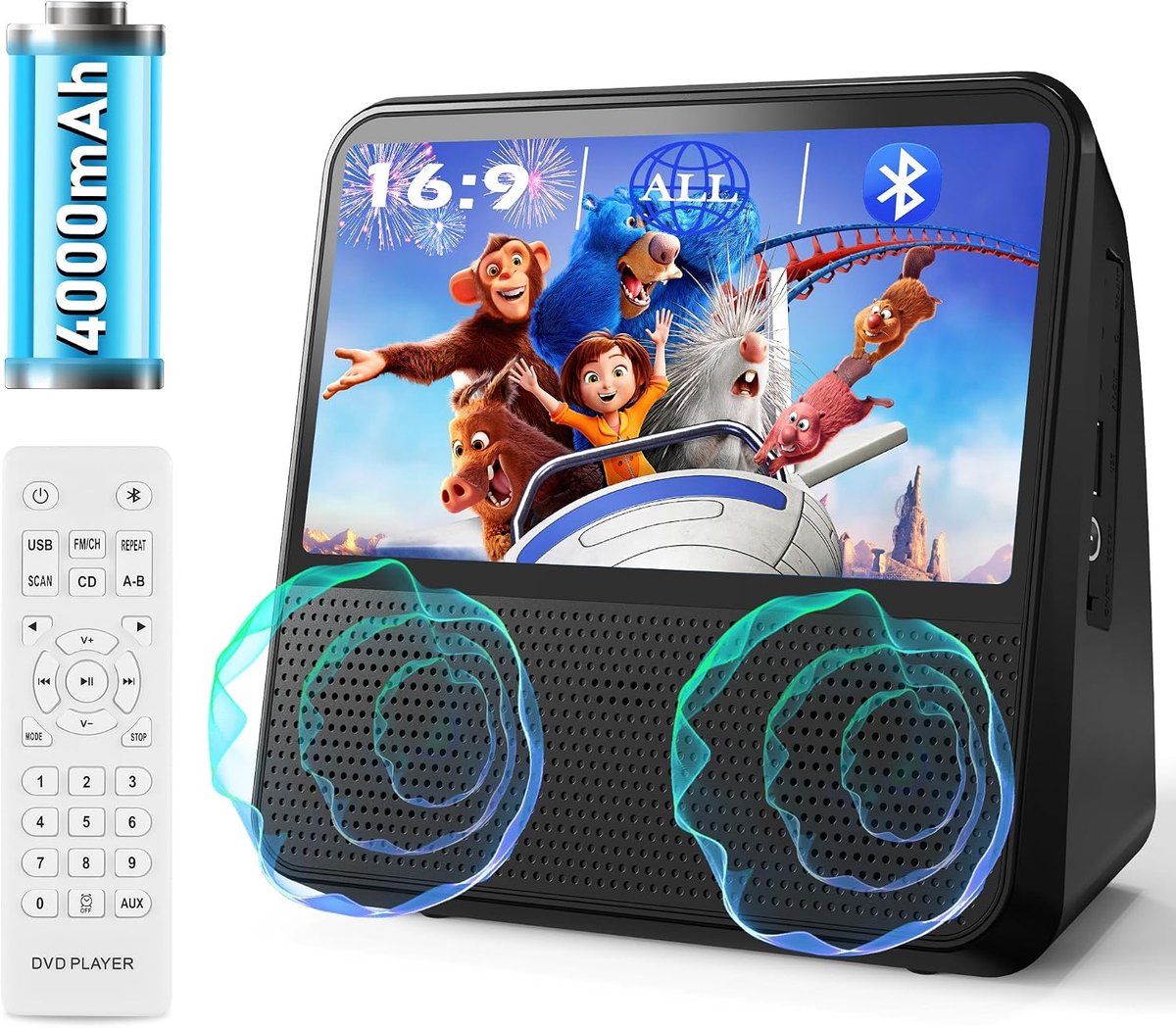 Draagbare dvd-speler met bluetooth - 4000 mAh oplaadbare auto-dvd-speler voor kinderen, met ingebouwde luidsprekers, bluetooth/USB/RCA/hoofdtelefoonaansluiting, geheugenweergave, timer en - (zwart)