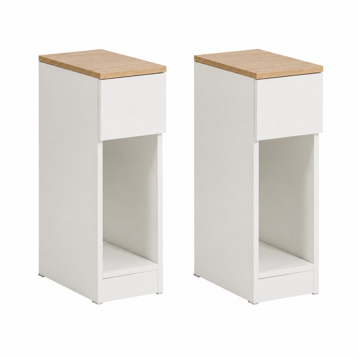 Noventra Nachtkastjes - Set van 2 – Smal Nachtkastje met Lade en Open Vak – Bijzettafel – 20 cm Breed – Wit met Houtlook