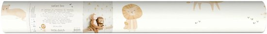 Rouleau de papier peint avec un motif de lions et de chats, avec le texte 'Safari Leo' et 'little dutch'.