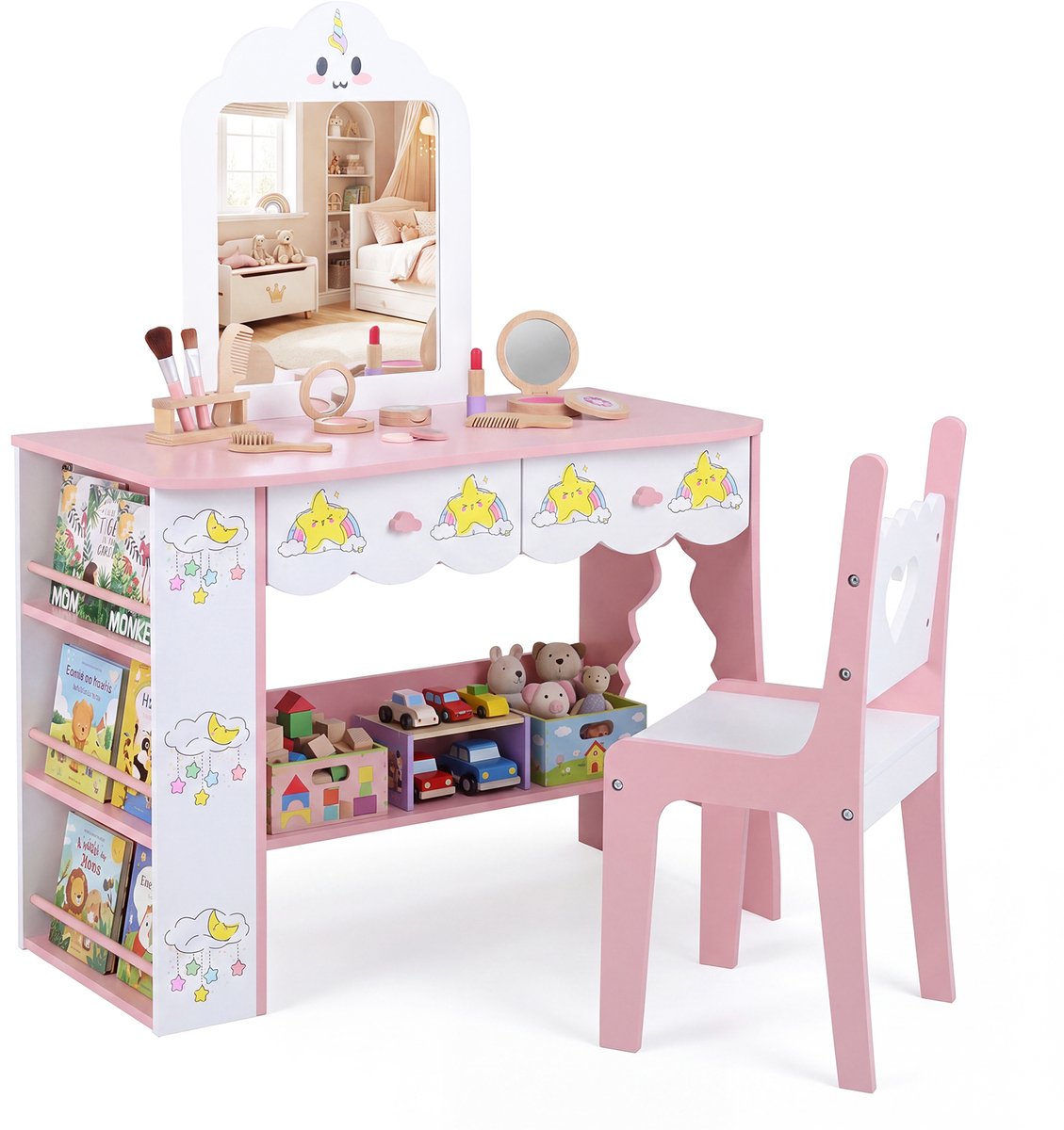 COSTWAY Kinderschminktafel in wolkvorm, Kaptafel met spiegel, Cosmetica tafel met 2 laden, 3‑laags boekenplank & opbergvak, Kinderschminktafel voor meisjes vanaf 3 jaar, Wit