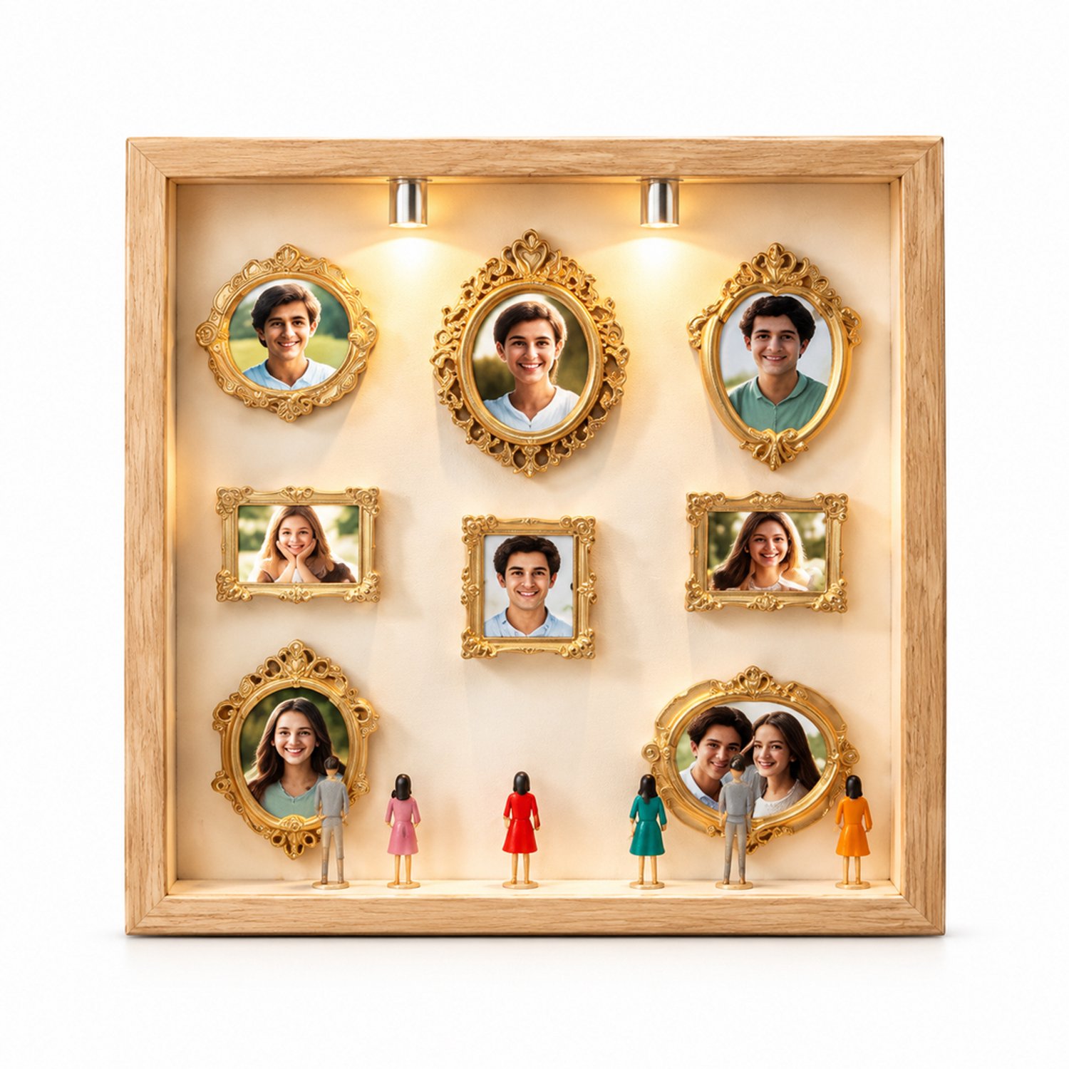 SWGOTA Zwarte MDF-displaylijst, binnenmaat 17,8 x 17,8 x 3 cm, met 8 miniatuurlijstjes, 8 willekeurige figuurtjes en 2 lampjes, voor op tafel