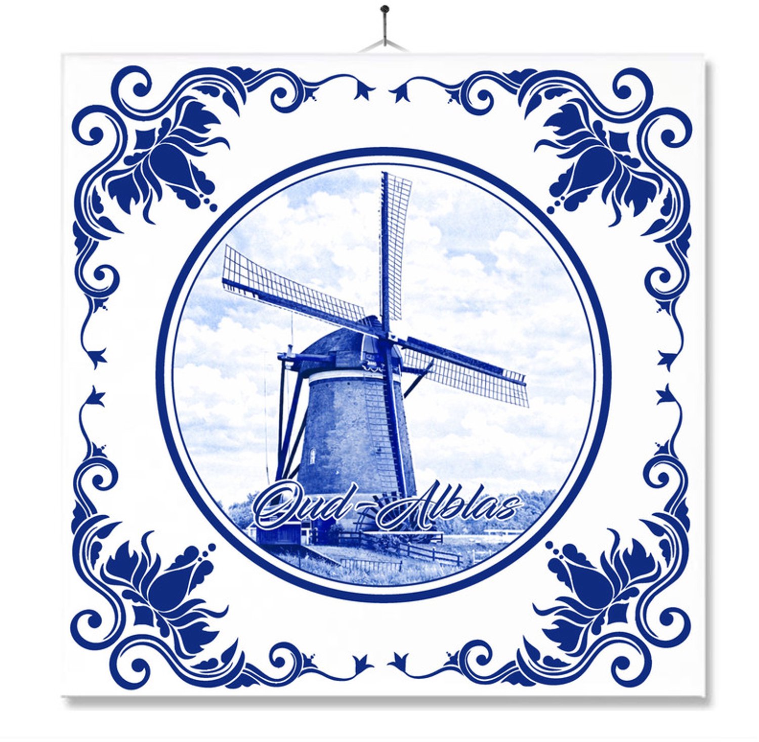 MC Living Tegel Met Opdruk | Oud-Alblas | Delft Blauw | Cadeau | Inclusief Geschenkdoos | Standaard | Ophangsysteem