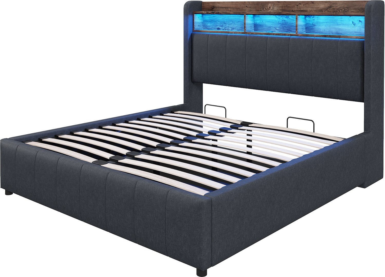 MUVANO Gestoffeerd bed 140x200 cm - grijs linnen bed - bed met hydraulische opbergruimte - ledverlichting, hoofdbord met legplanken en USB-aansluiting