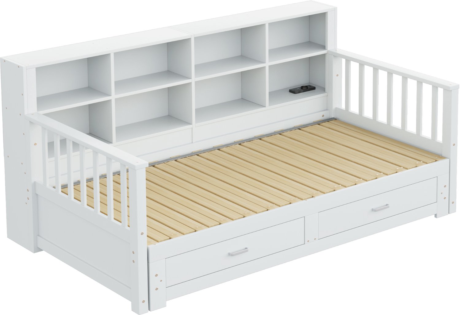 MUVANO Uitschuifbare slaapbank 90x190 cm - slaapbank als bed van 180x190 cm - houten slaapbank met opbergruimte, laden en lattenbodem, wit