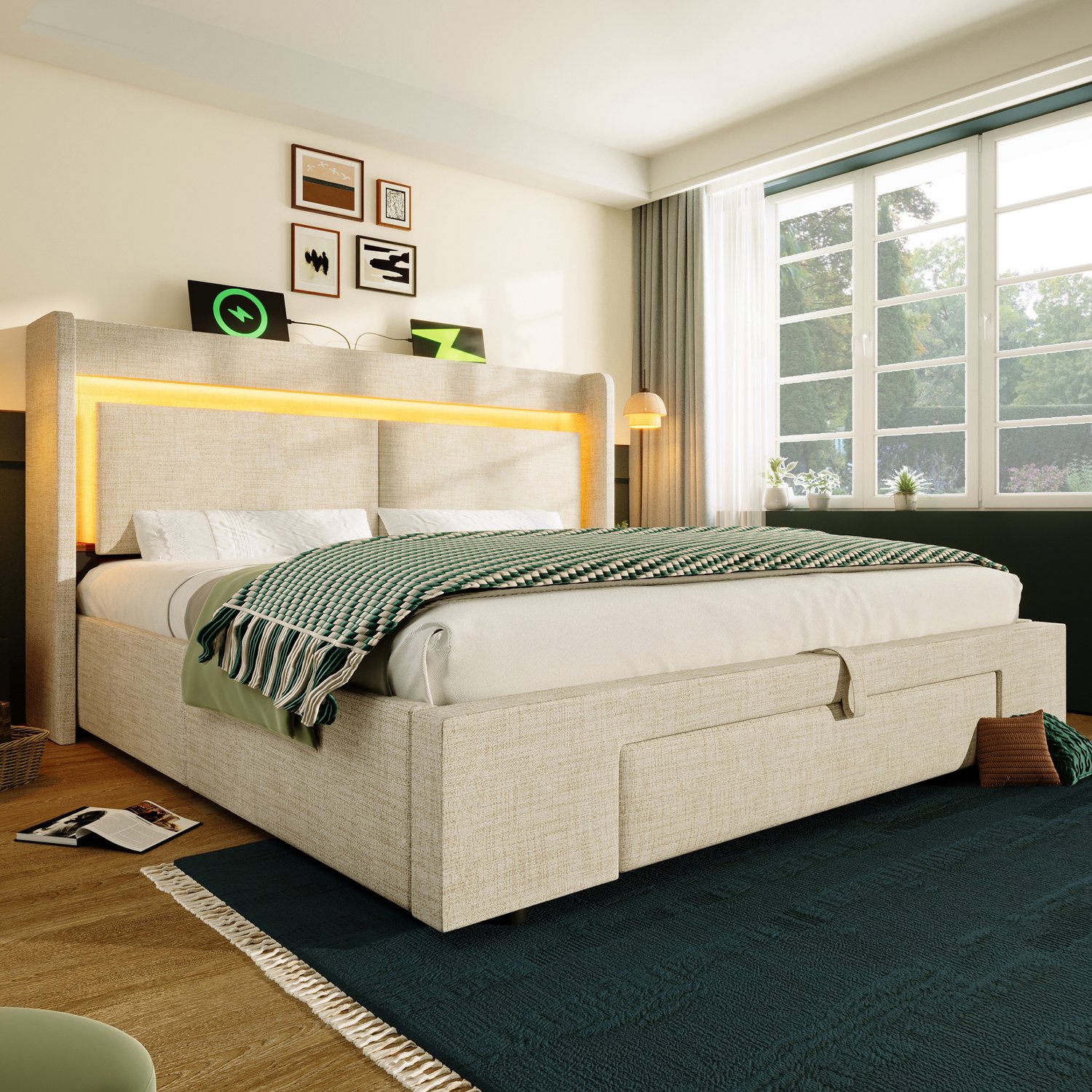 MUVANO Gestoffeerd bed 160x200 cm - Bedframe met hydraulische opbergruimte - LED en USB-C - Linnen en houten lattenbodem - Voor de slaapkamer - Beige