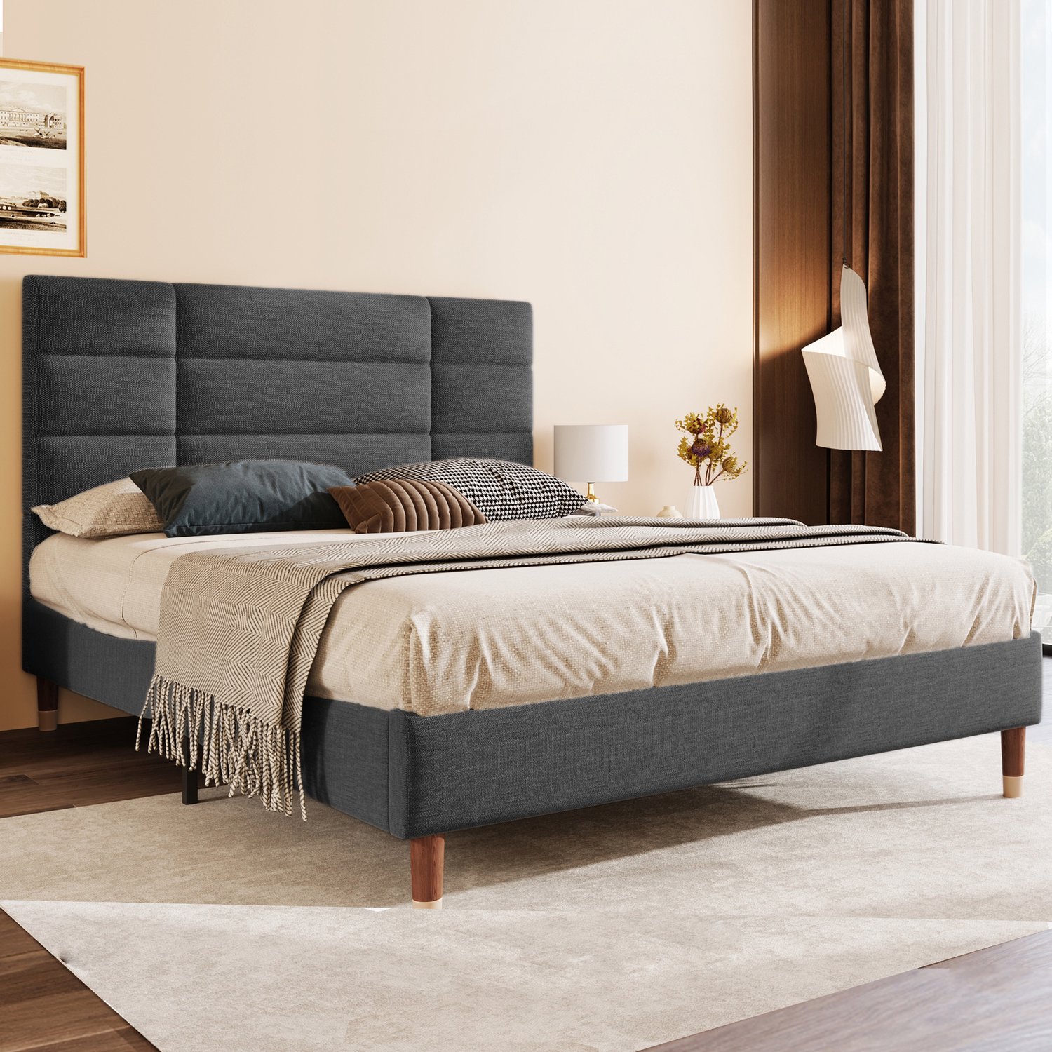 MUVANO Gestoffeerd bed 140x200 met lattenbodem - tweepersoonsbed met hoofdbord - linnen bekleding - houten latten en stalen frame - donkergrijs
