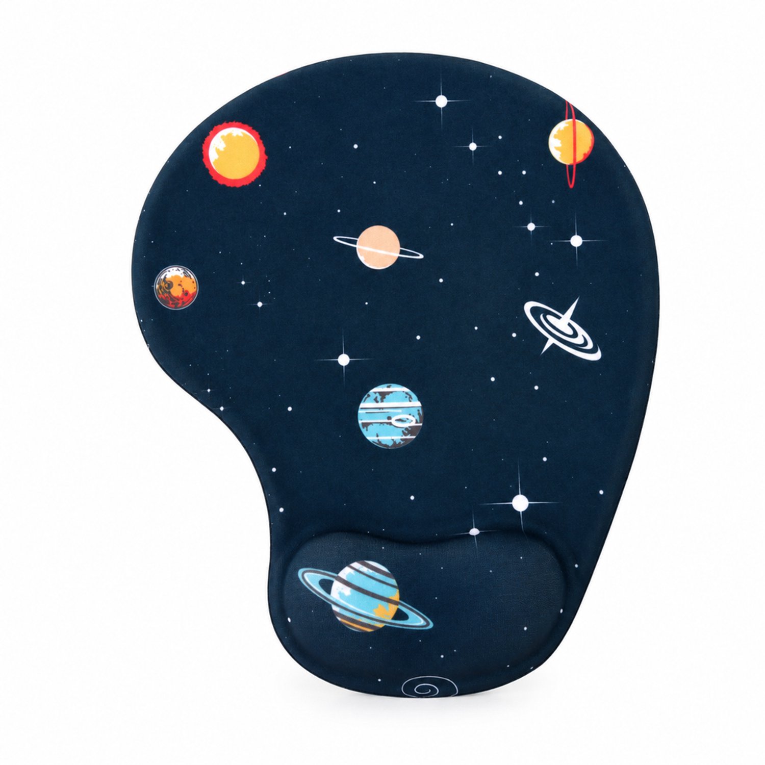 Muismat met zachte siliconen polssteun, donkerblauw ruimtepatroon met planeten, enkelzijdig, OPP-verpakking