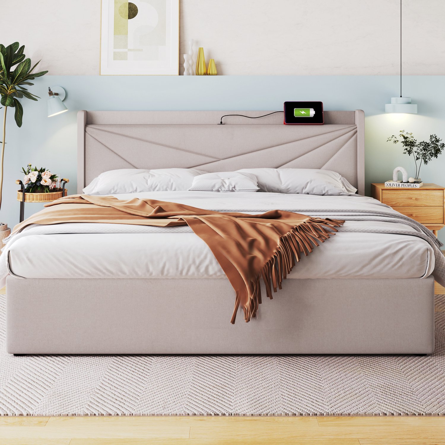 MUVANO Gestoffeerd bed 140x200 met matras - beige tweepersoonsbed met opbergruimte, USB en USB-C in hoofdbord, houten lattenbodem
