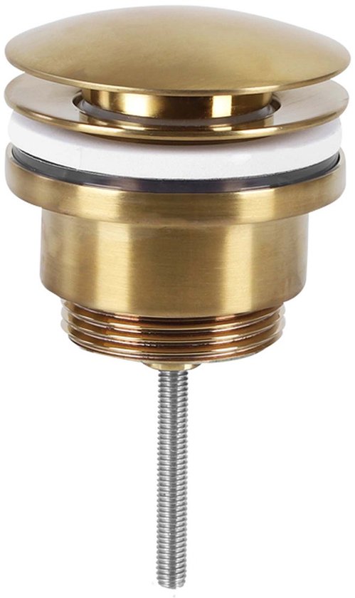 Afvoerplug in geborsteld mat goud met een ronde drukknop, witte afdichtring en schroefdraadpen.