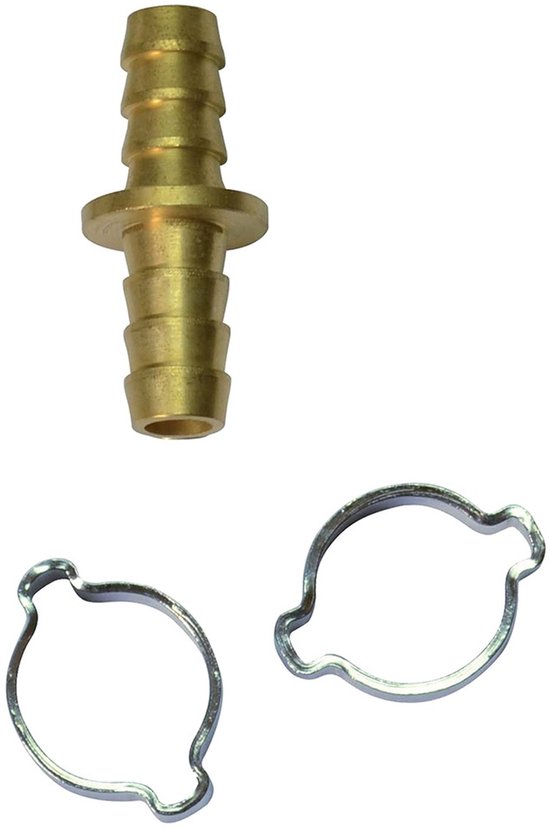 Messing slangkoppeling van 8mm met twee metalen slangklemmen tegen een witte achtergrond.