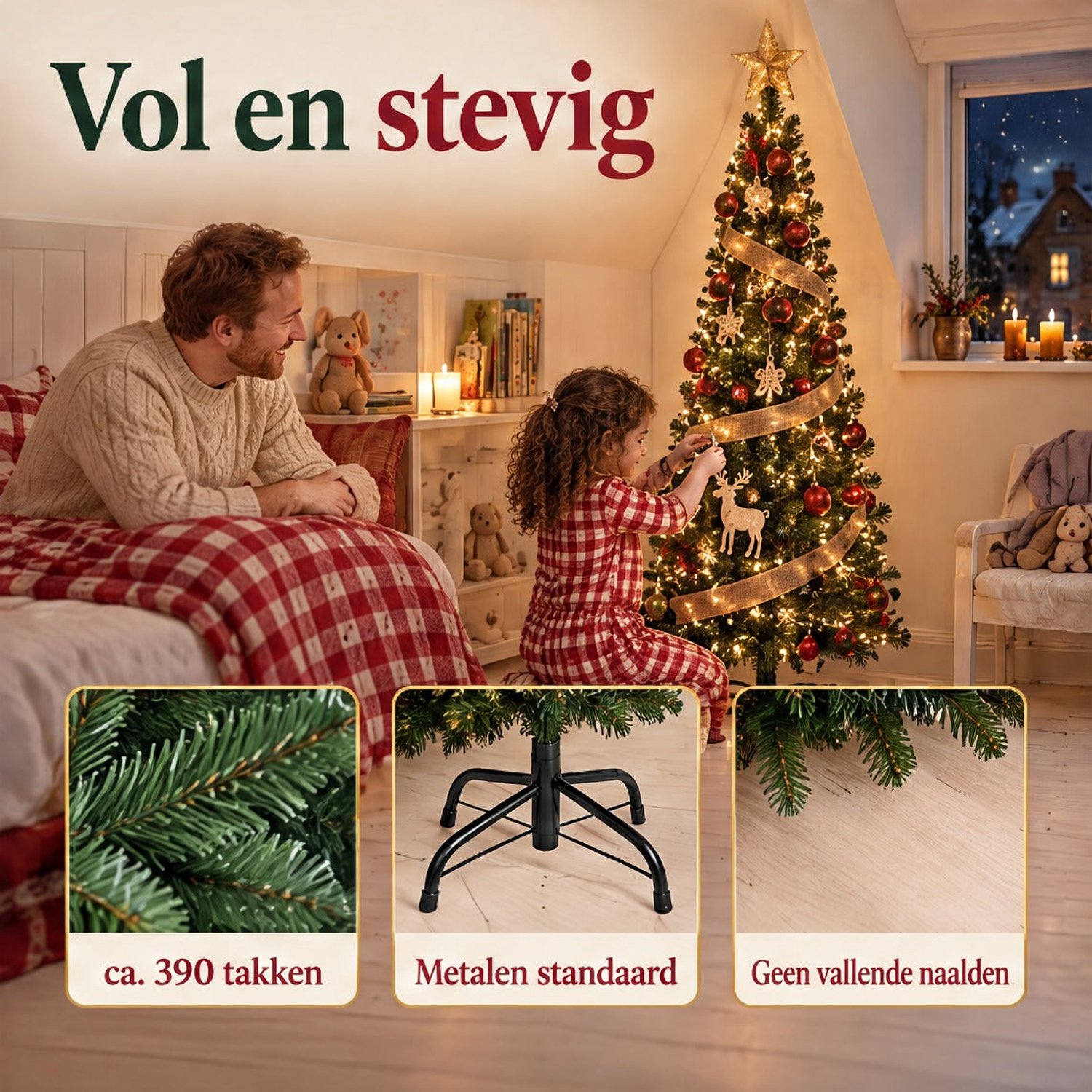 Cheqo® Smalle Kunstkerstboom 180 cm met Verlichting Warm Wit - Kerstboom met Verlichting - Dimbare Kerstboomverlichting 560 LED - Kerstlampjes - Cluster Kerstverlichting - Lichtsnoer - LED Kerstboom - Smalle Kerstboom – foto 6