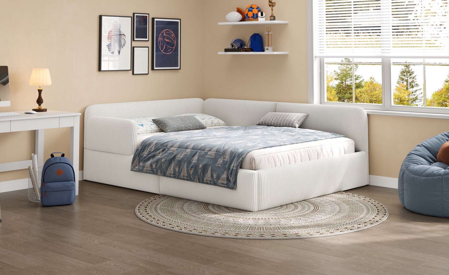 OKWISH Gestoffeerd Dagbed 140x200 cm - Slaapbank met Zachte Rugleuning - Opbergruimte Onder Het Bed en Zijhek - Ribstof - Wit - Zonder matras