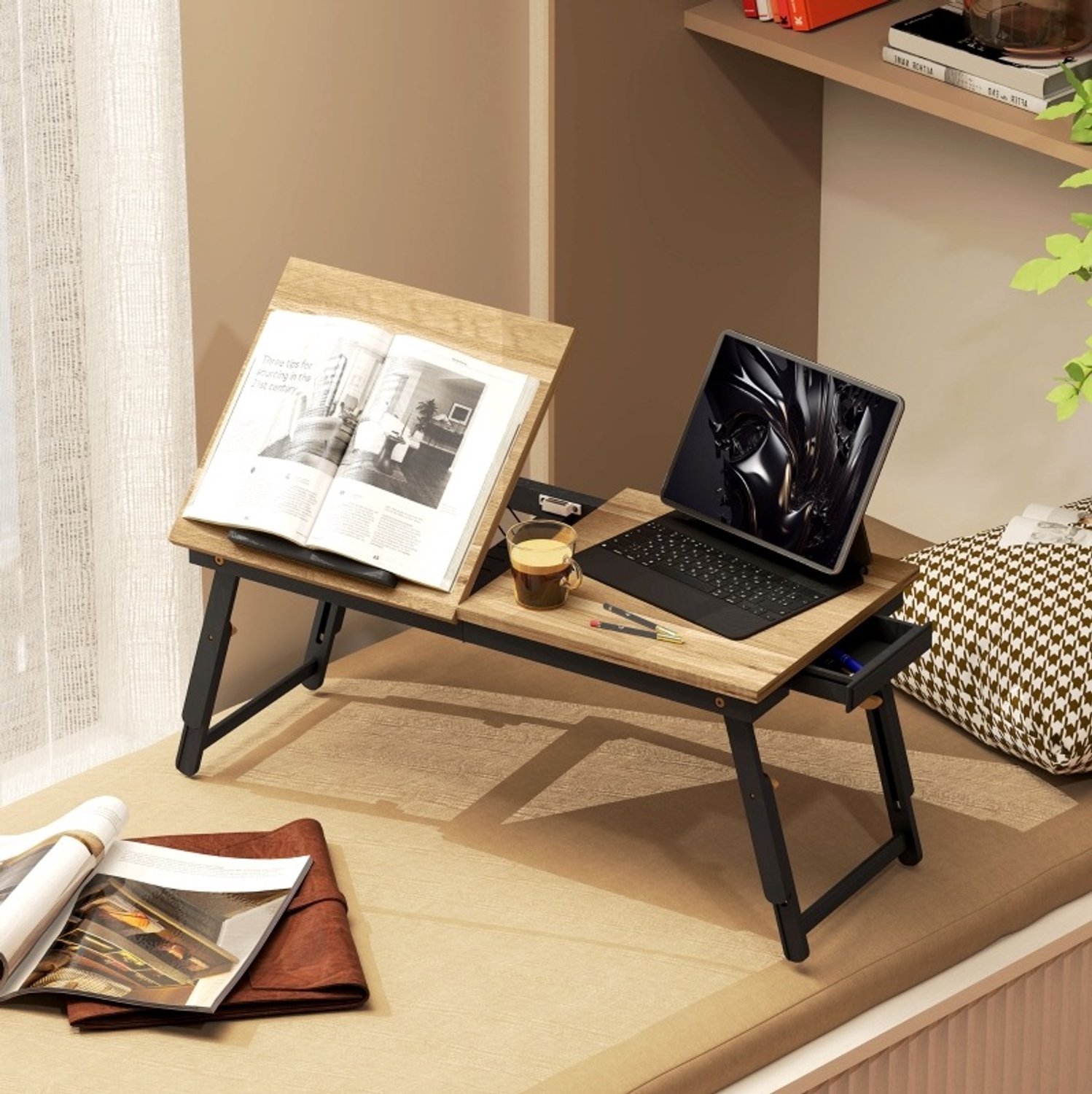 MODFU Bedtafel - Hoogte Verstelbaar - Kantelbaar Blad - Opklapbaar - Met Lade - Eikenkleur