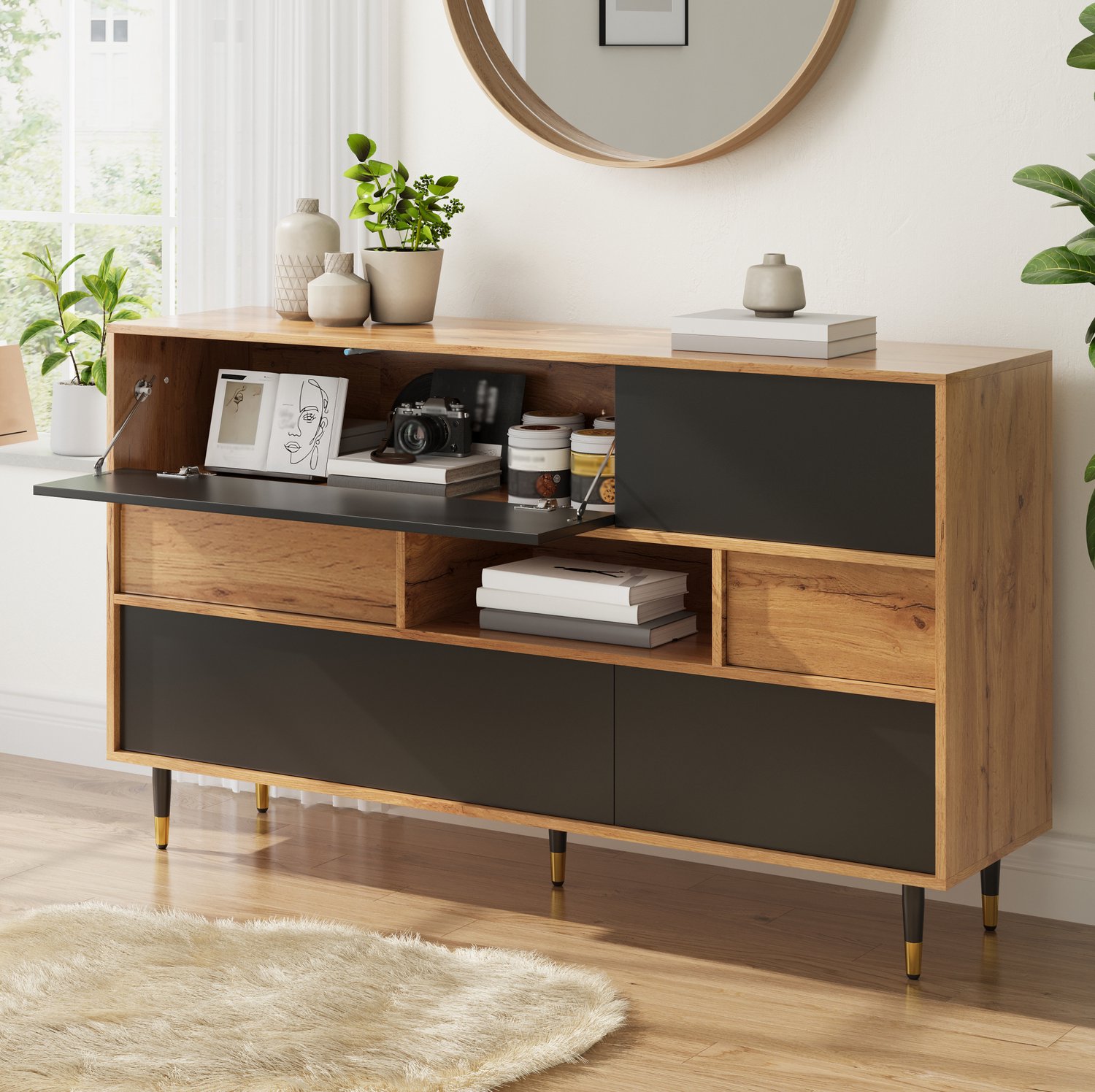 MODFU Dressoir - 2 Lades - Open Vak - Zwart En Naturel - 140 X 40 X 84,5 Cm Naturel en zwart