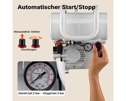 Airbrush Compressor Set - 1/4 PK Stille Olievrije Persluchtcompressor (55 dB) met Spuitpistool, Luchtslang & Accessoires - 69 L/min & 3.2 Bar - Laura Homestore MasterPro AS06T