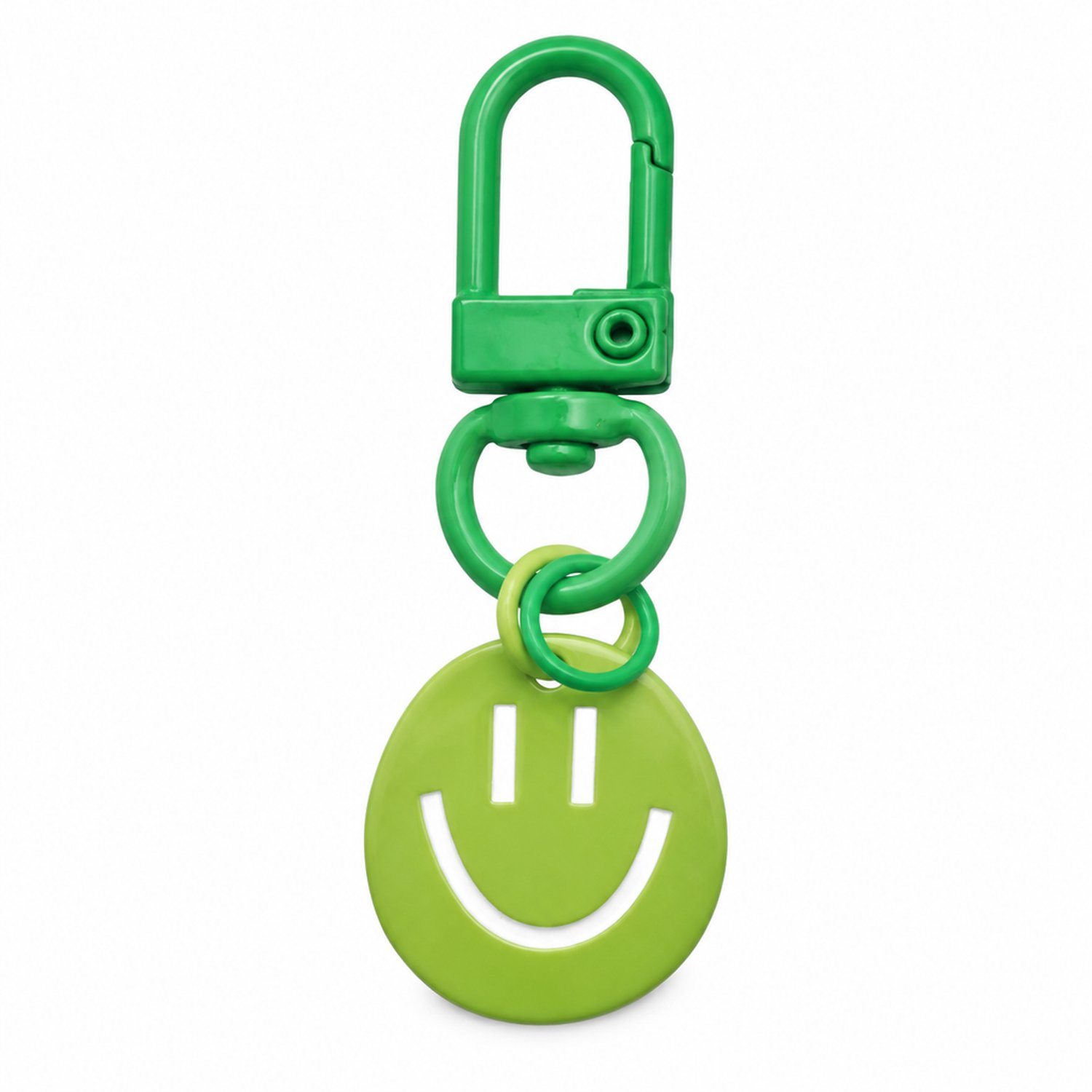 Sleutelhanger met groene smiley - legering, ronde hanger met uitsparingen en karabijnhaak - ook als tashanger