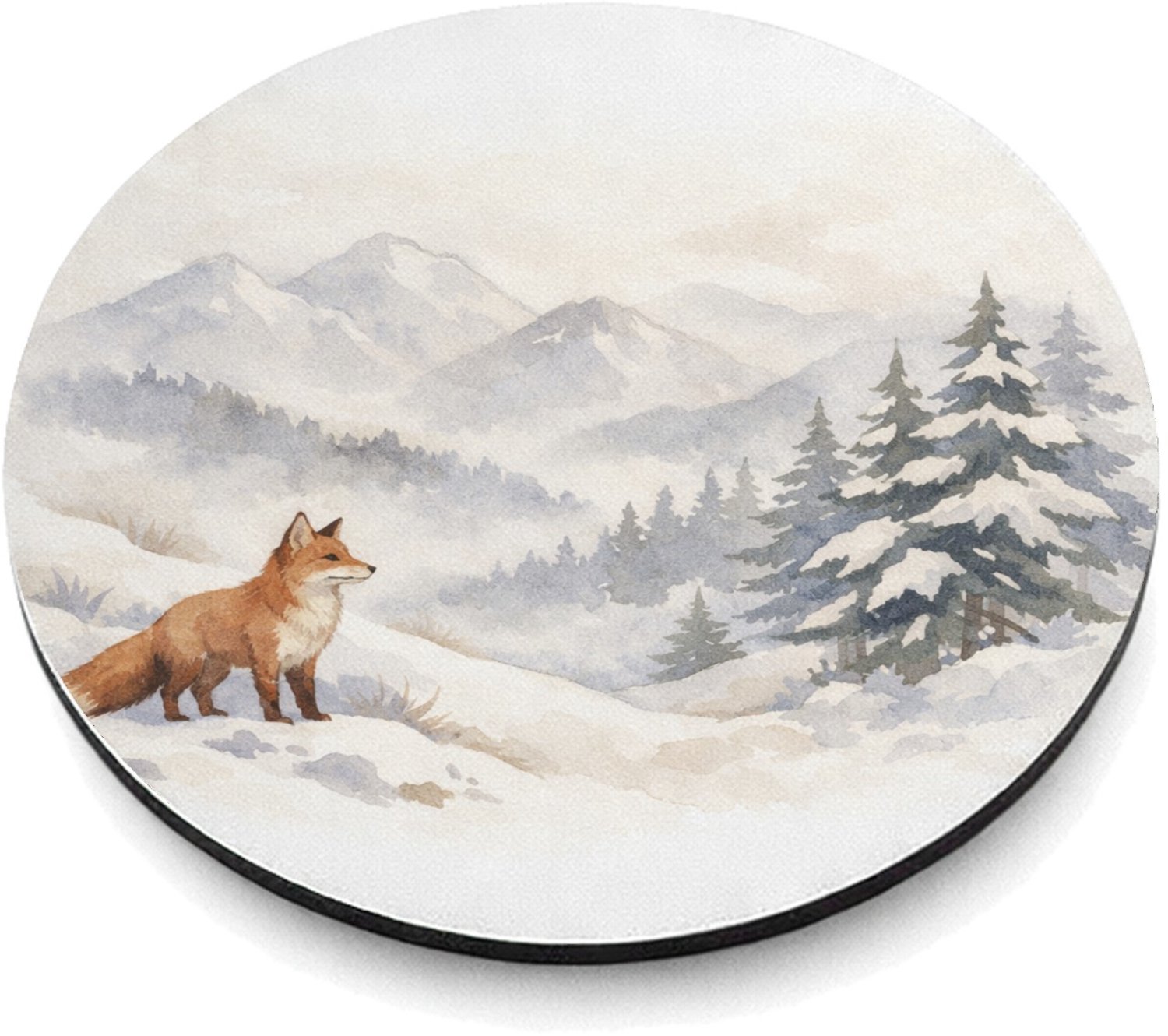 Mr Cadeautjes MDF magnetische fotolijst rond Ø 9,5 - design Een bergwinter-scène met een vos die op een besneeuwde helli | cadeau Wit