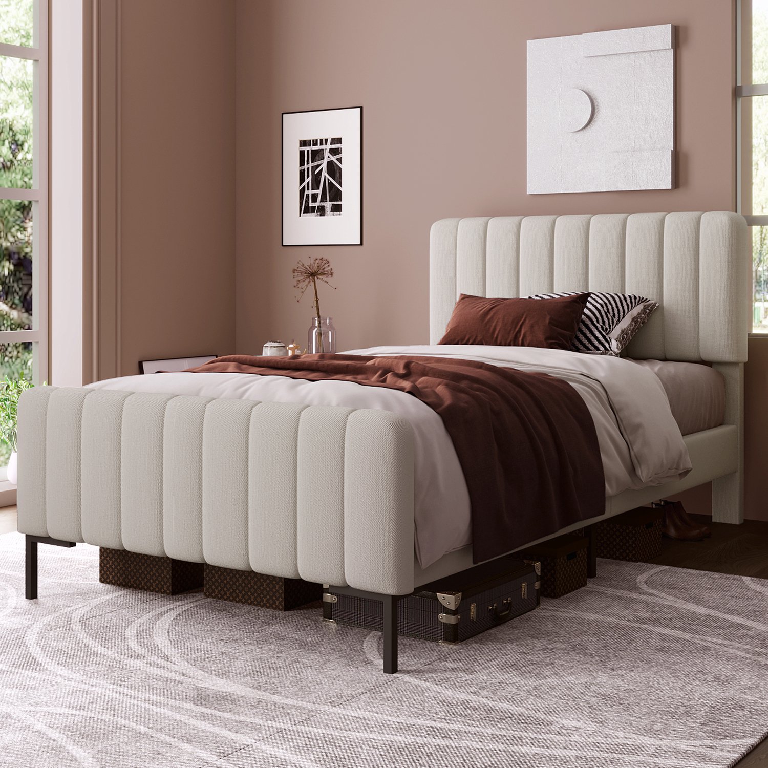 DantefHandels Gestoffeerd eenpersoonsbed 90 x 200 cm met lattenbodem en verstelbaar hoofdbord, grijsbeige linnenlook Grijs+Beige