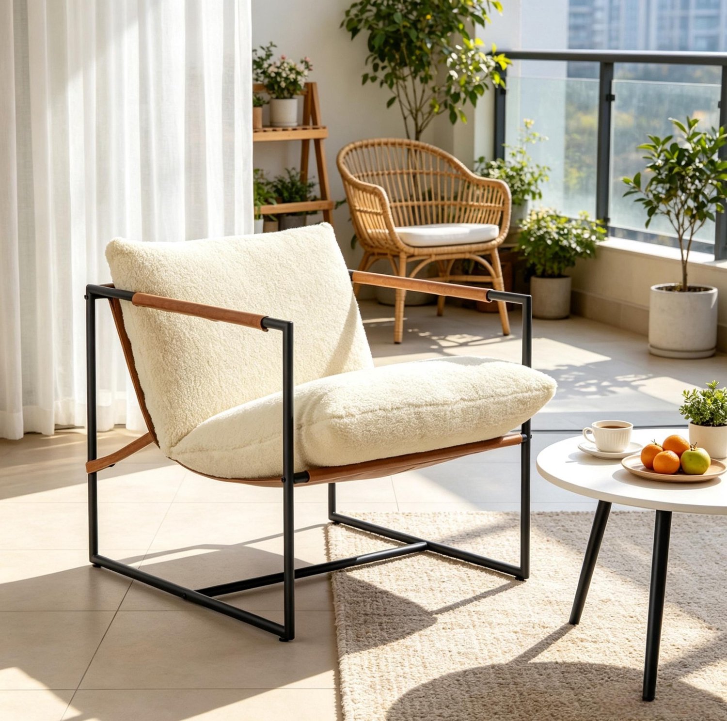 STILVORA Fauteuil 77 x 91 x 80 cm - Brede Zitting en Zachte Bekleding - Voor Woonkamer en Leeshoek - Boucléstof en Staal - Crème en Zwart Crème, zwart en bruin