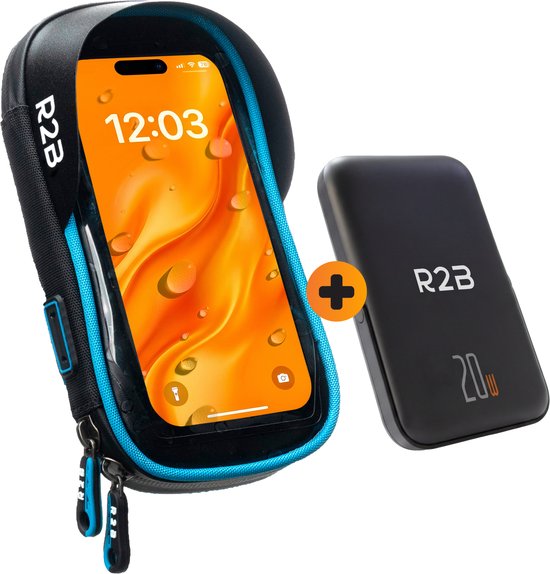 Waterdichte telefoonhouder met blauwe accenten en zwarte 20W powerbank naast elkaar weergegeven.