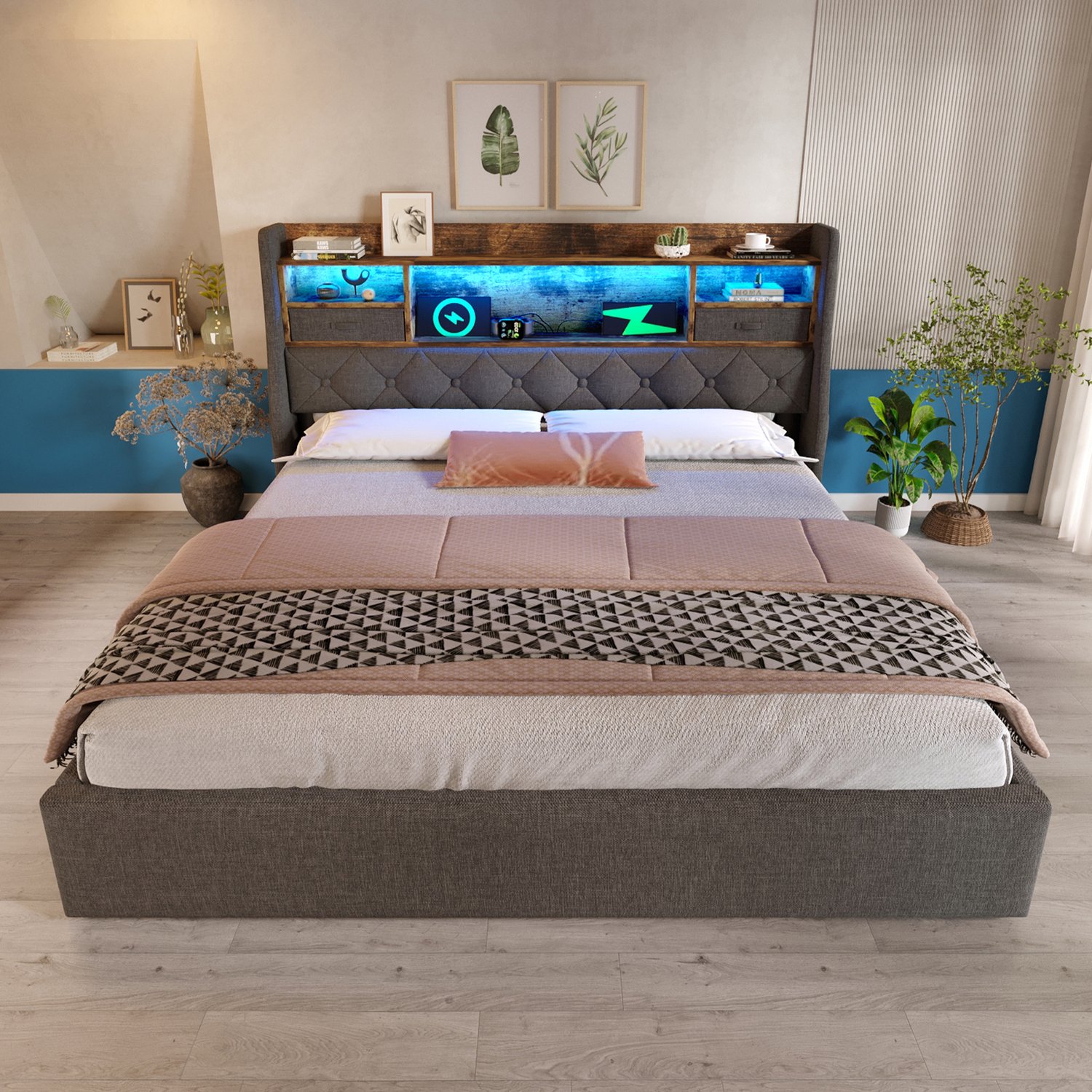 MUVANO Gestoffeerd bed 140x200 met opbergruimte - Tweepersoonsbed - LED en USB-C - Hydraulische lattenbodem - Linnen - Slaapkamer grijs