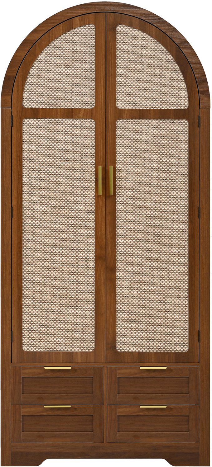 Ropilly Kledingkast met gebogen deuren - 80 x 50 x 180 cm - 4 lades, kledingstang en legplanken - Walnootkleurig MDF - Voor slaapkamer of hal