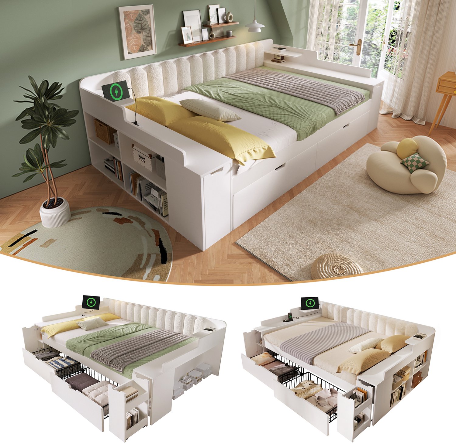 Merax Bed 140x200 cm - met 2 lades - wieltjes - opbergvak - wit