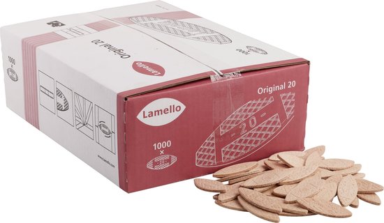 Lamello Original 20 doos met 1000 houten lamellen, verpakt voor meubelverbindingen.