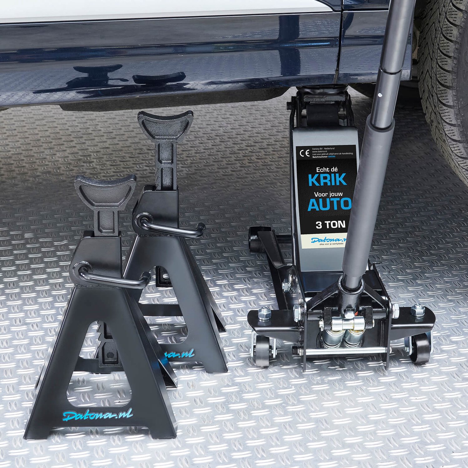 Datona® Autokrik laag model 3 ton met twee hoge assteunen - Zwart