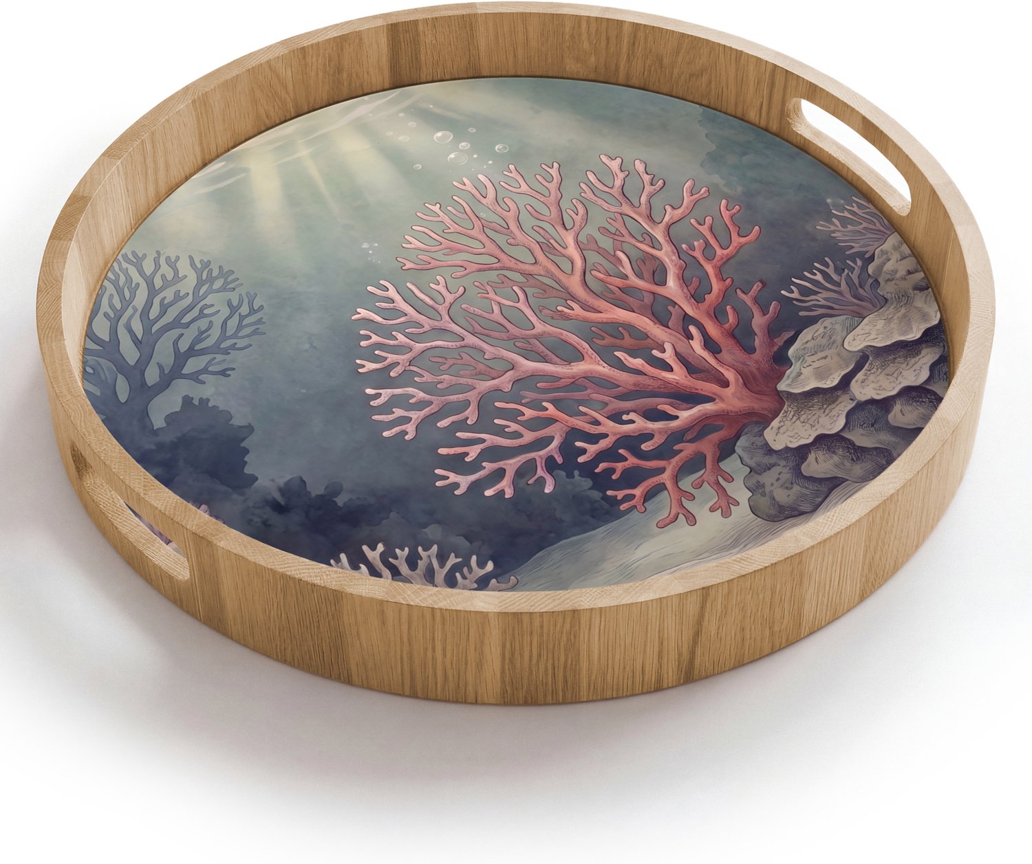 Dienblad rond 40x40 cm - Schootdienblad hout - Koraal - Onderwater - Natuur - Roze - Borrelplank rechthoek - Plateau houten dienbladen