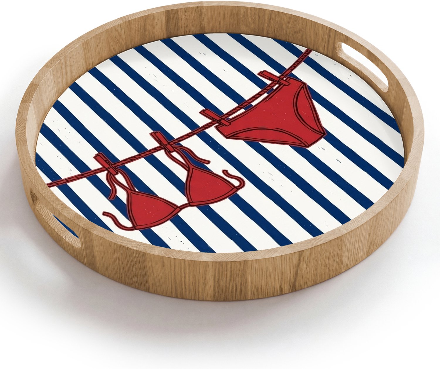 Dienblad rond 40x40 cm - Schootdienblad hout - Badkleding - Waslijn - Zomer - Illustratie - Rood - Borrelplank rechthoek - Plateau houten dienbladen