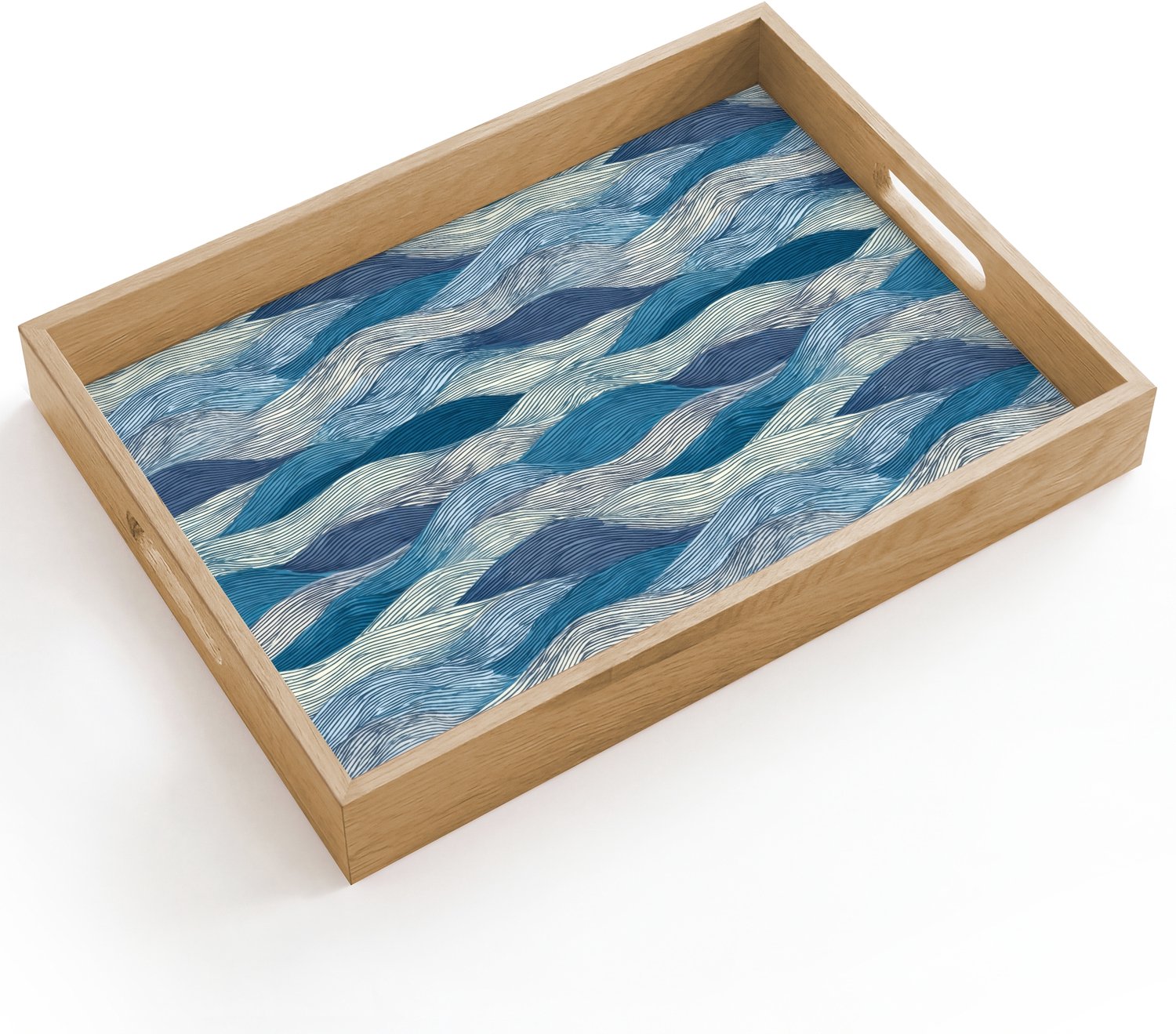 Dienblad hout 40x30 cm - Schootdienblad - Getekend - Blauw - Wit - Golvend - Streepjes - Borrelplank rechthoek - Plateau dienbladen