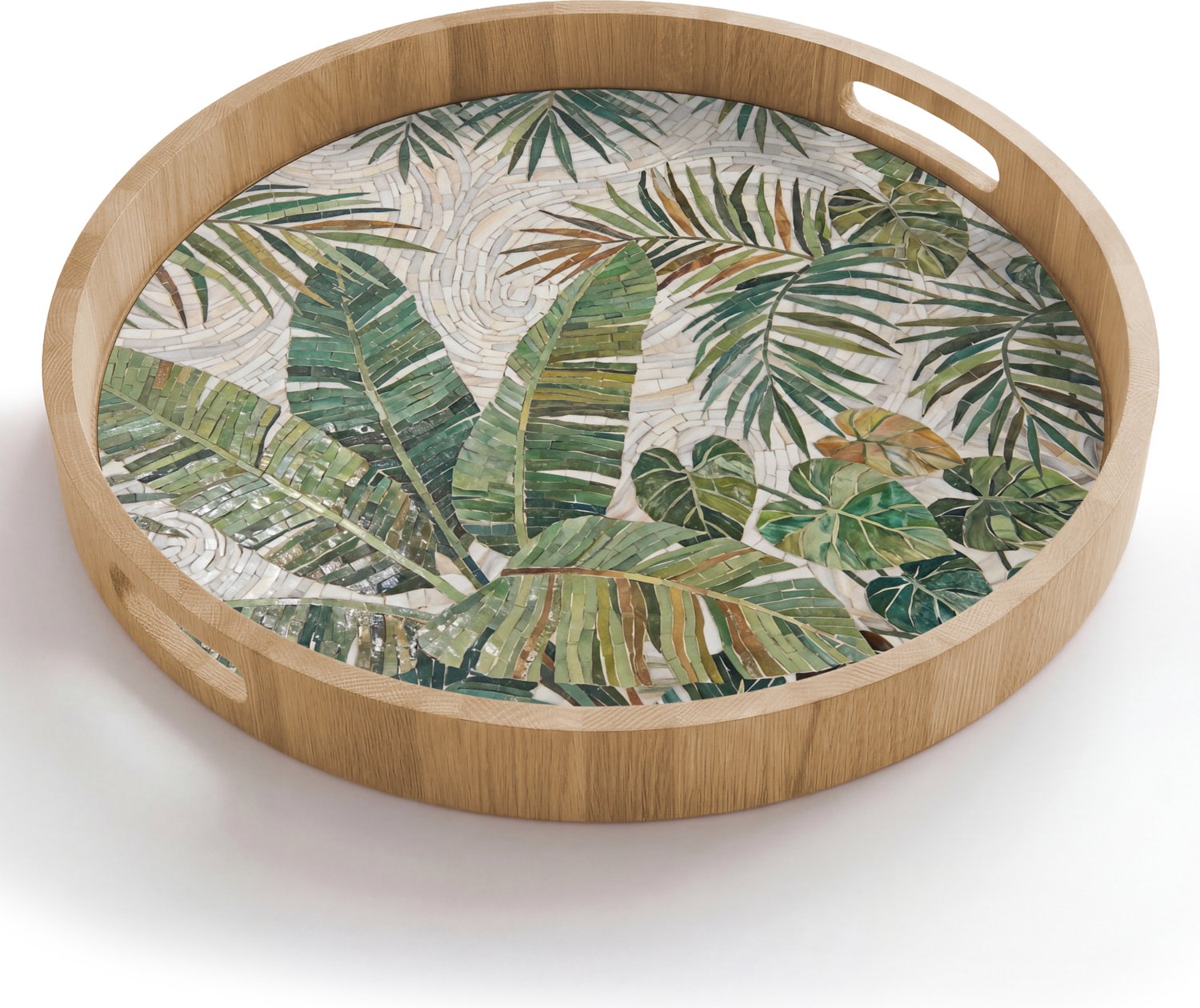 Dienblad rond 50x50 cm - Schootdienblad hout - Planten - Tropisch - Mozaïek - Natuur - Groen - Borrelplank rechthoek - Plateau houten dienbladen